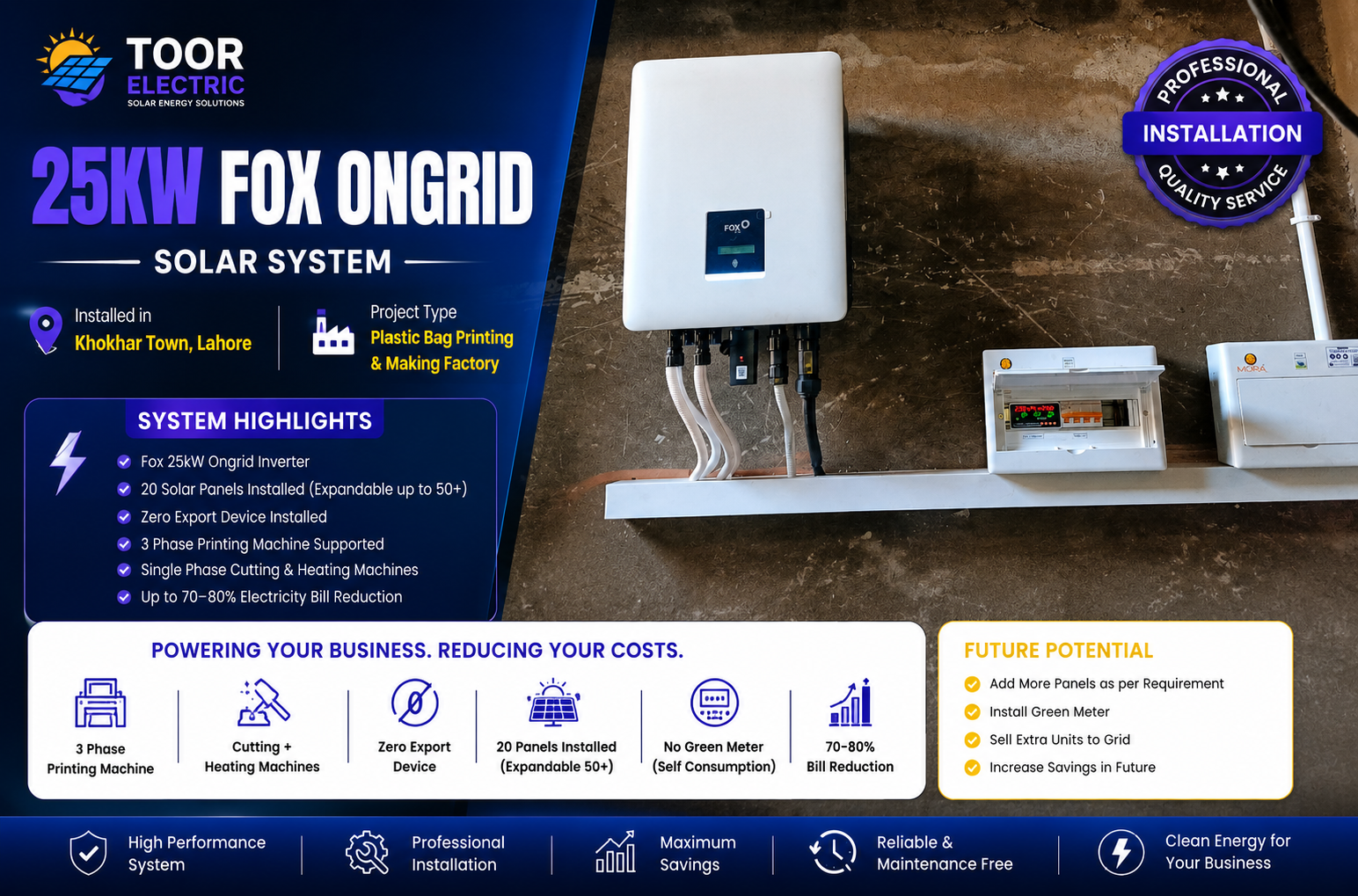 25kW Fox On-Grid Solar System for Plastic Bag Manufacturing Factory – Khokhar Town, Lahore